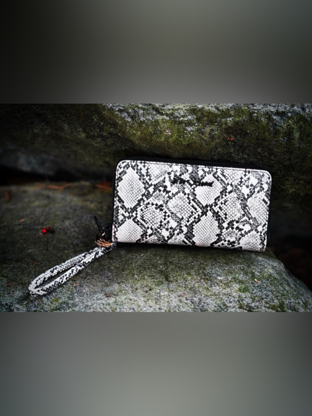 Betsey Johnson Black & White Snake Print Zip Around Wristlet Wallet